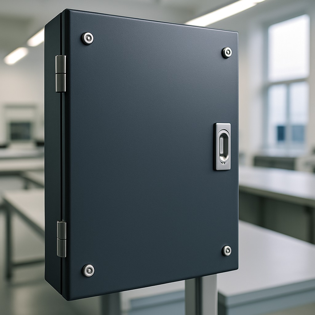 Armoire acier — thermolaquage polyester, DFT contrôlée