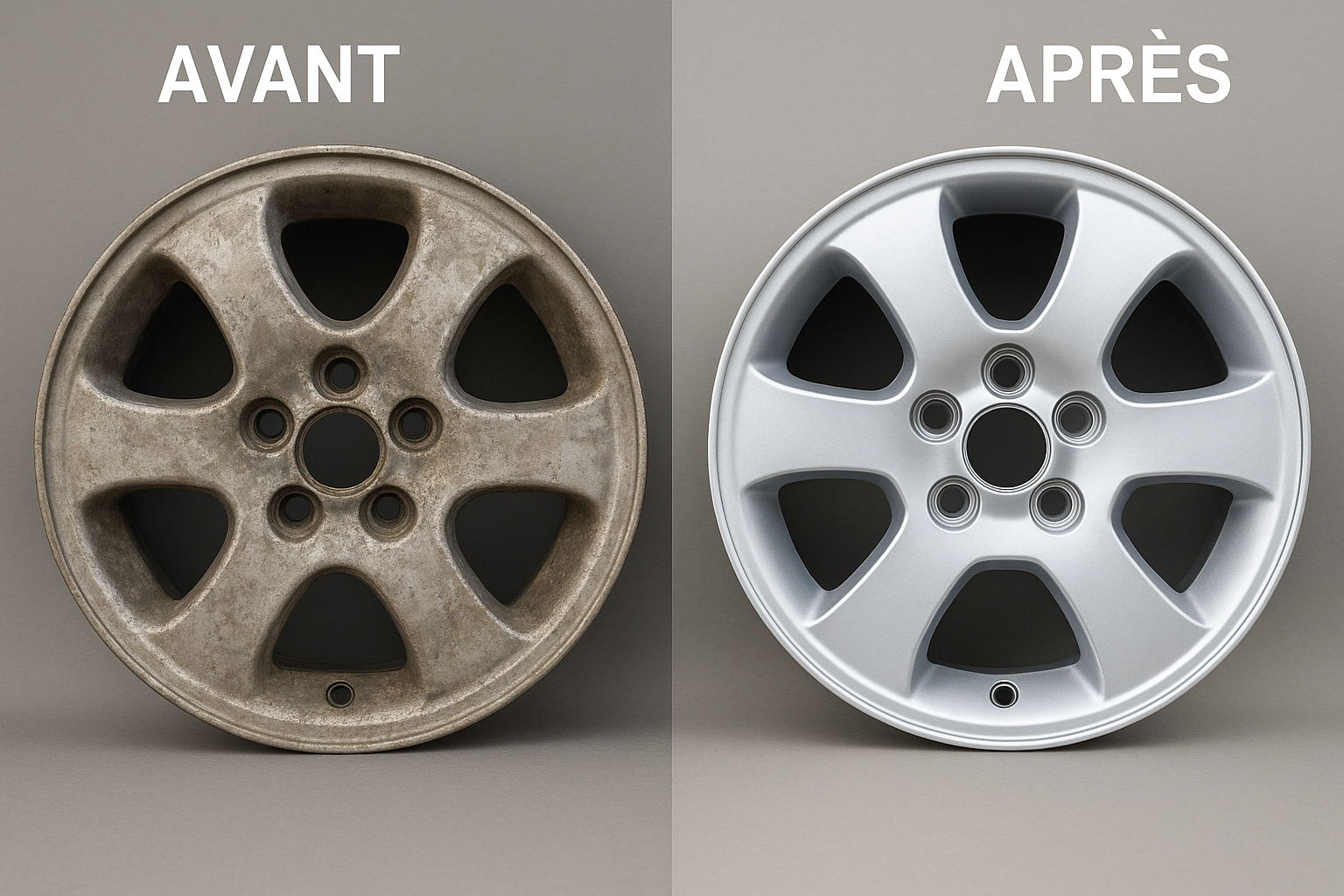 AVANT / APRÈS — même jante : décapage, apprêt, finition mate